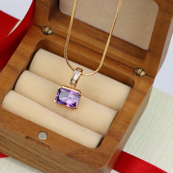 "Elegant Purple Emerald Cut Pendant with Gold Plated Baguette Bail, XPPT1779 - Picture 8 of 13